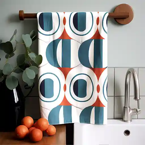 1950s Geometric Tea Towel hanging at a kitchen sink with with oranges on the worktop